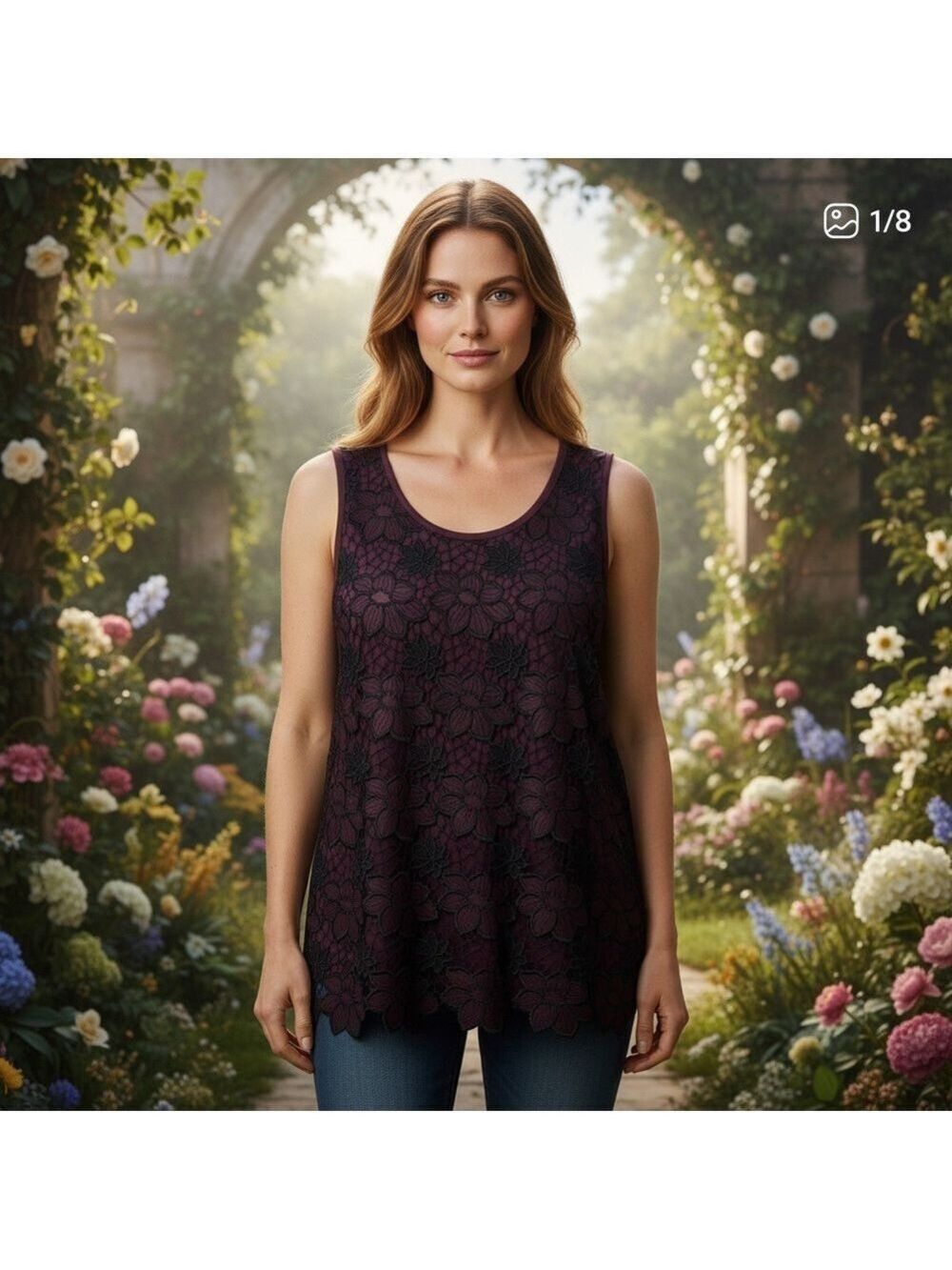 Love & Legend plum floral lace appliqué sheer top 1X